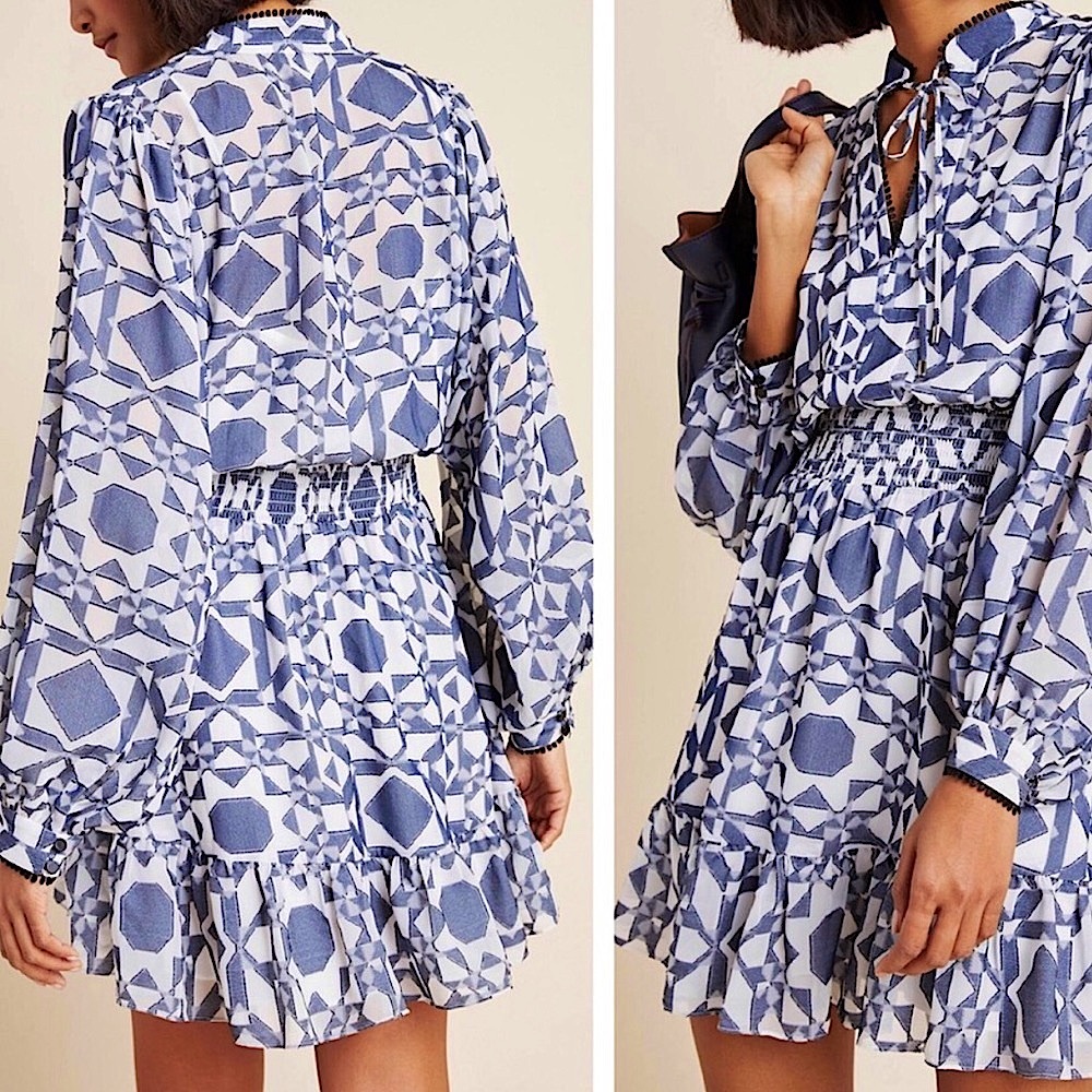 Anthropologie Shoshanna Smocked Waist Geometric Print Tiered Mini Dress NWT 10 - Picture 7 of 10